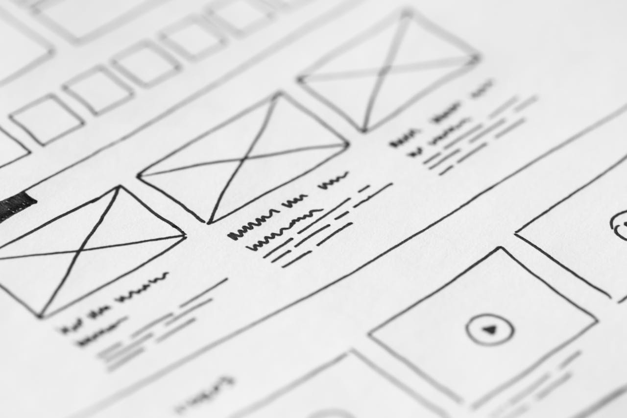 our-services-3 Detailed close-up of a hand-drawn wireframe design on paper for a UX project.